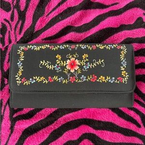 Black Floral Embroidered Clutch Wallet